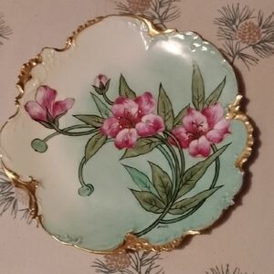 Pink Floral Decorative Plate with Gold Accents